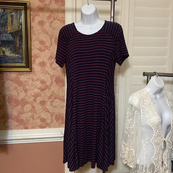 LUSH Swing Stretch Dress, Navy w Red Stripe, Medium - Picture 3 of 7